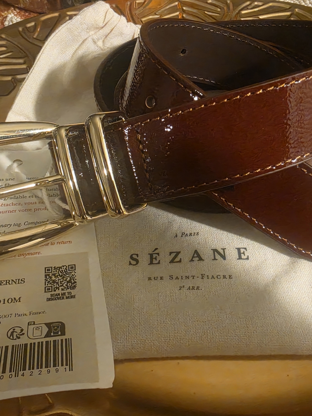 Sezane Brown Gloss Leather Belt with Gold Buckle